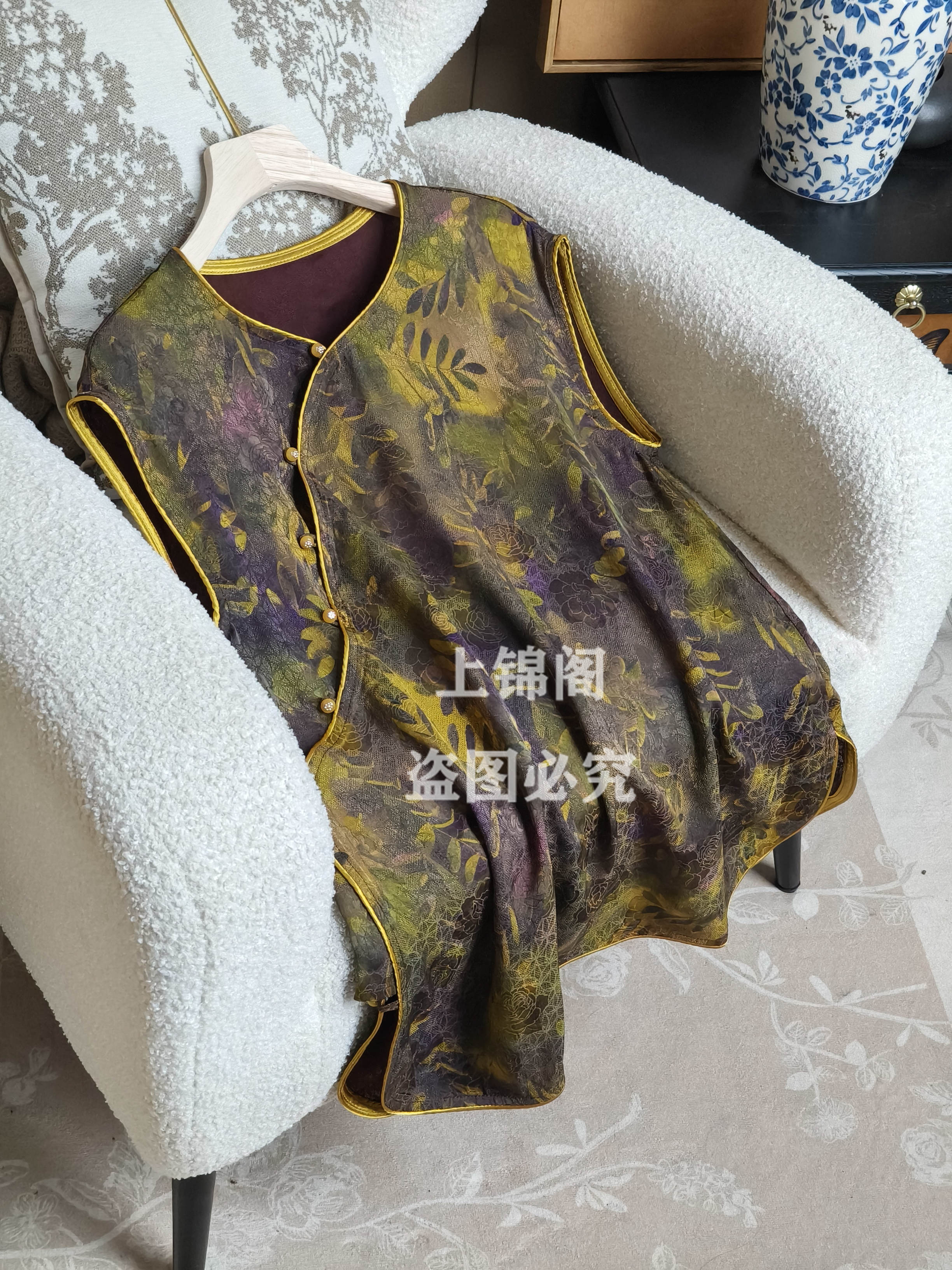 697新中式斜襟无领侧开叉上衣无袖提花夏季复古时尚中国风花色-68