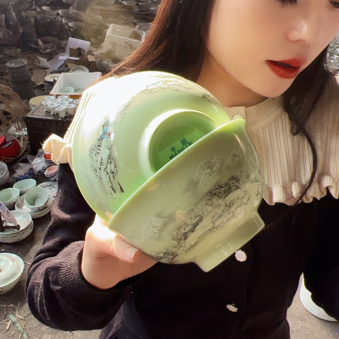 摆件陶景德镇绿xixi溪山访雪碗2个