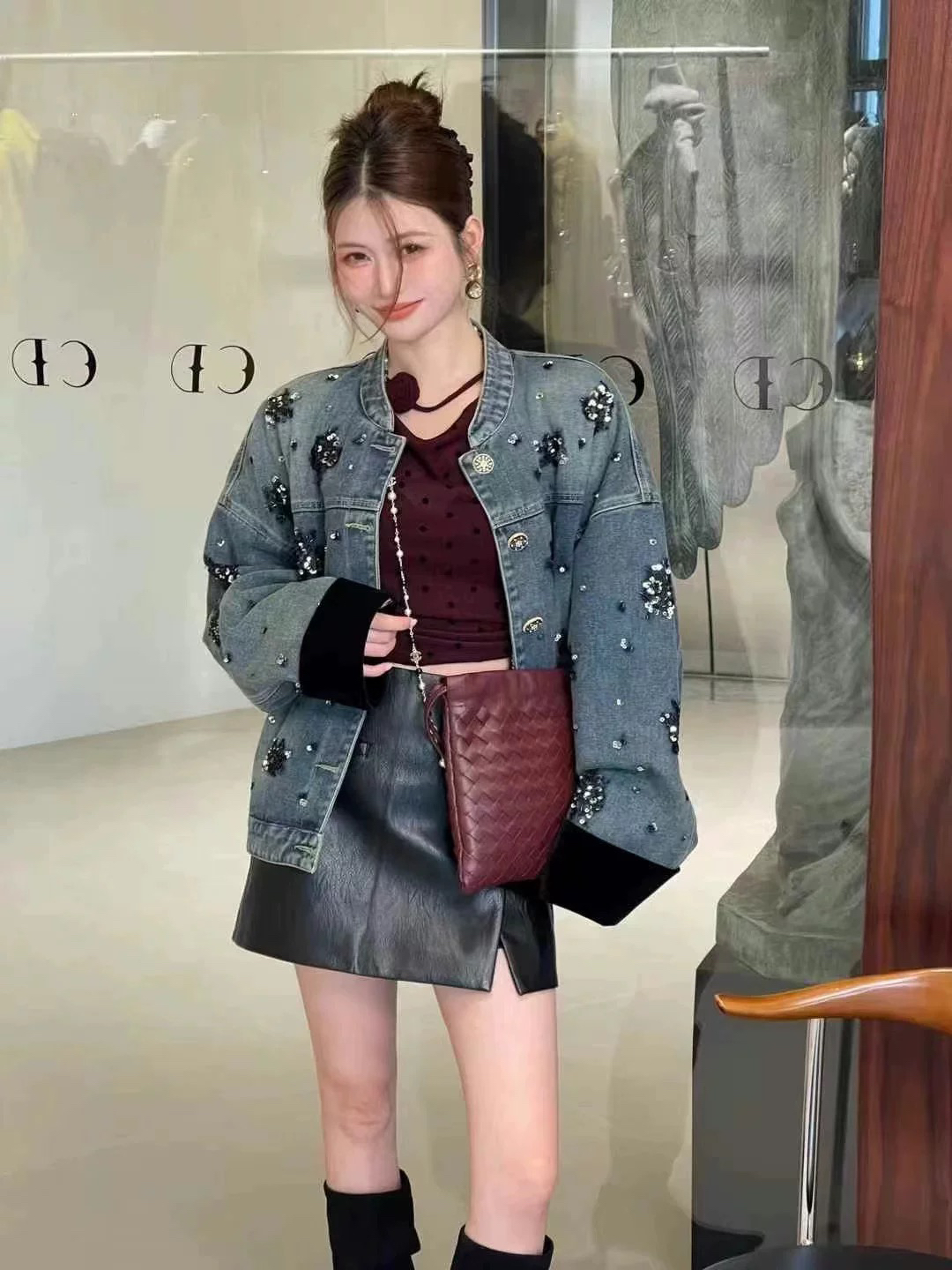 新款时尚修身百搭皮裙重工牛仔外套