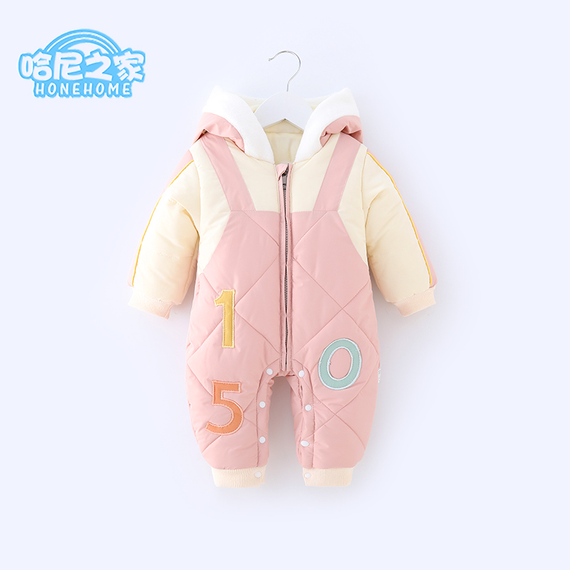 新生儿秋冬带帽加厚保暖封裆连体衣男女婴儿爬服哈衣