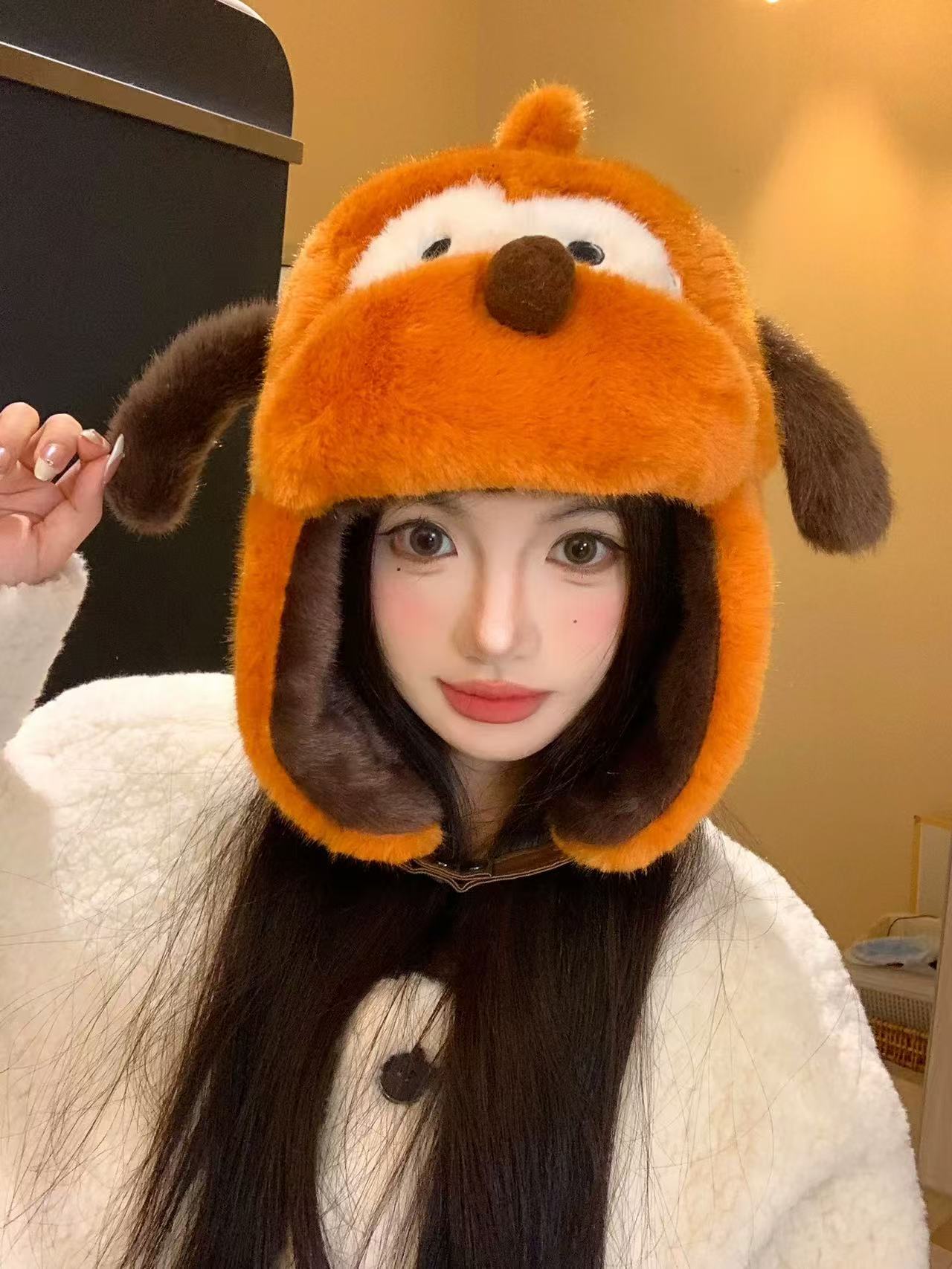 布鲁托小狗卡通帽子防寒护耳可爱甜美冬季毛茸茸帽子动耳护脖