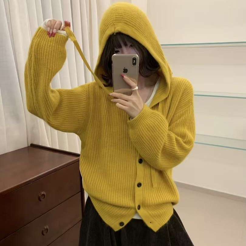 法式连帽针织衫女款套头开衫外套