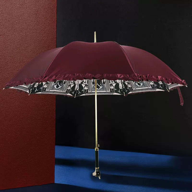 如馨·赫本猫长柄半自动晴雨两用伞-酒红色伞布