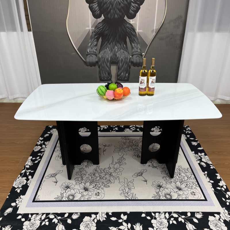 轻奢复古风水晶砂实木大理石餐桌极简家用长方形餐桌椅组合吃饭桌
