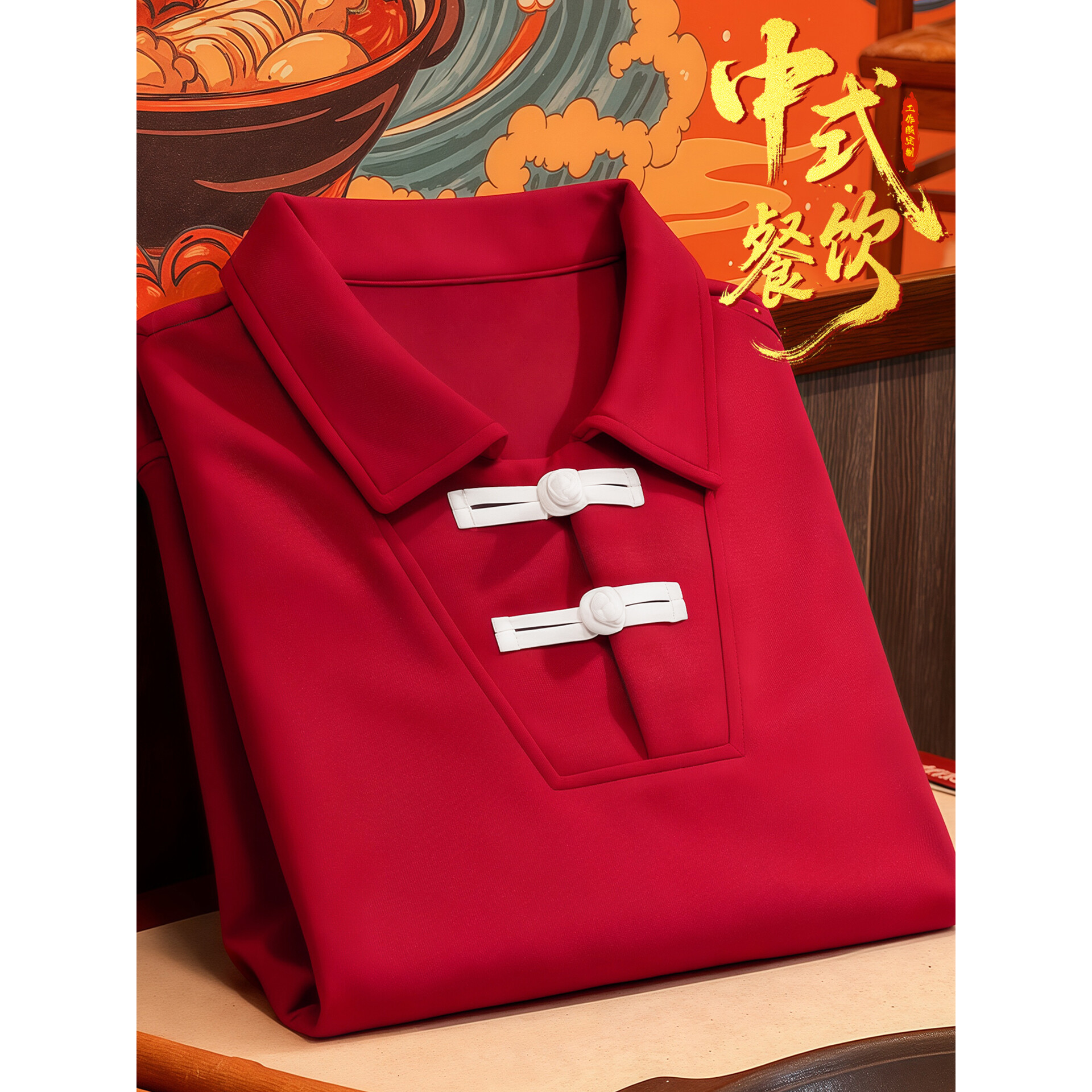 中式餐饮工作服定制秋冬季中餐厅火锅店服务员卫衣盘扣长袖工装男