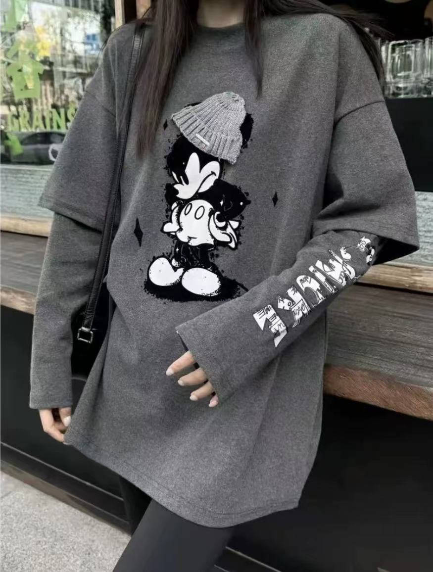 假两件米奇印花长袖T恤女磨毛加厚宽松显瘦百搭打底上衣