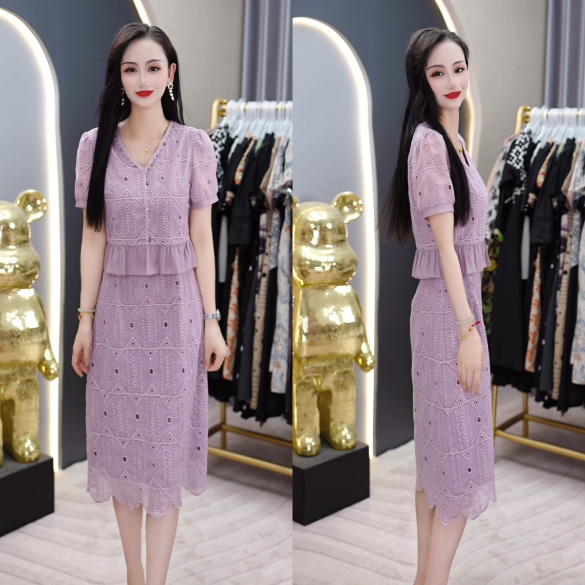 2025夏季时尚短袖优雅百搭小清新高级感百搭减龄透气假两件连衣裙