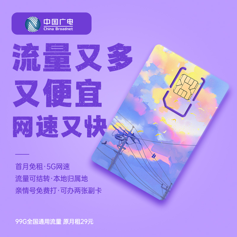 【流量多月租低网速快】中国广电流量卡移动全国通用流量套餐A