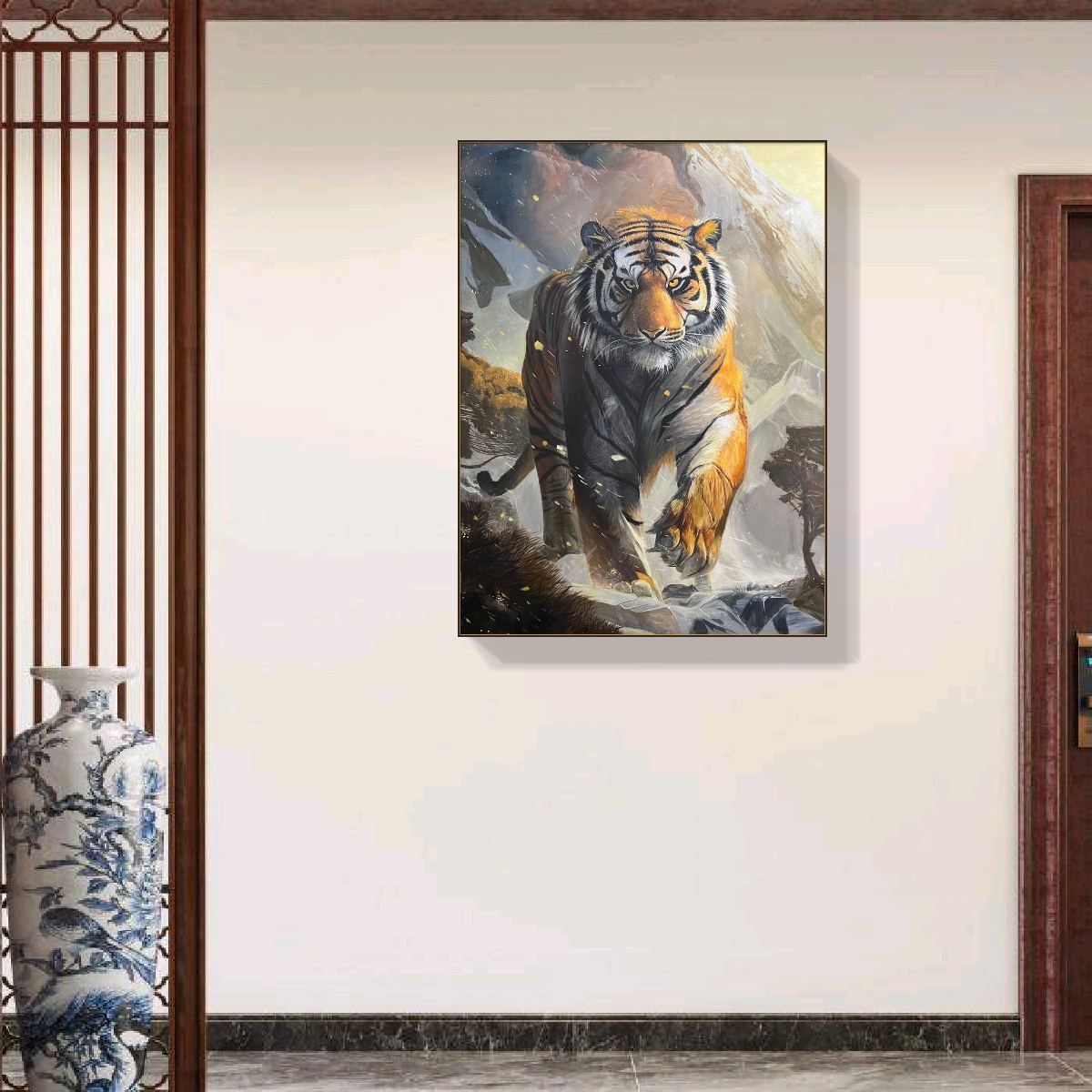 纯手绘猛虎油画寓意猛虎下山旺宅招财入户门玄关装饰办公室挂画
