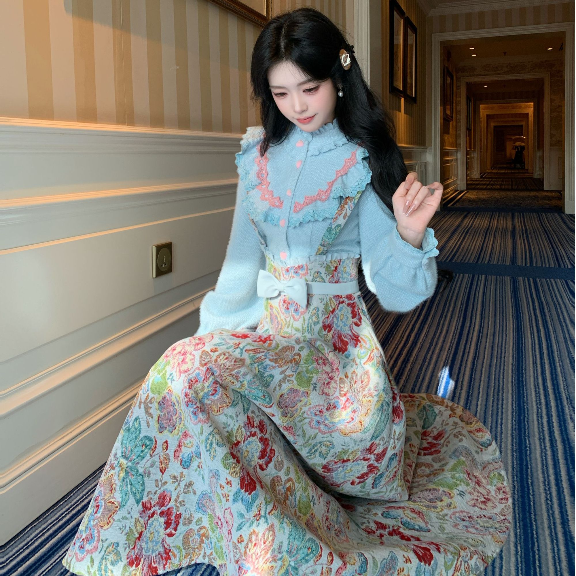 Blovelan秘密花园 法式复古衬衫＋碎花半裙套装