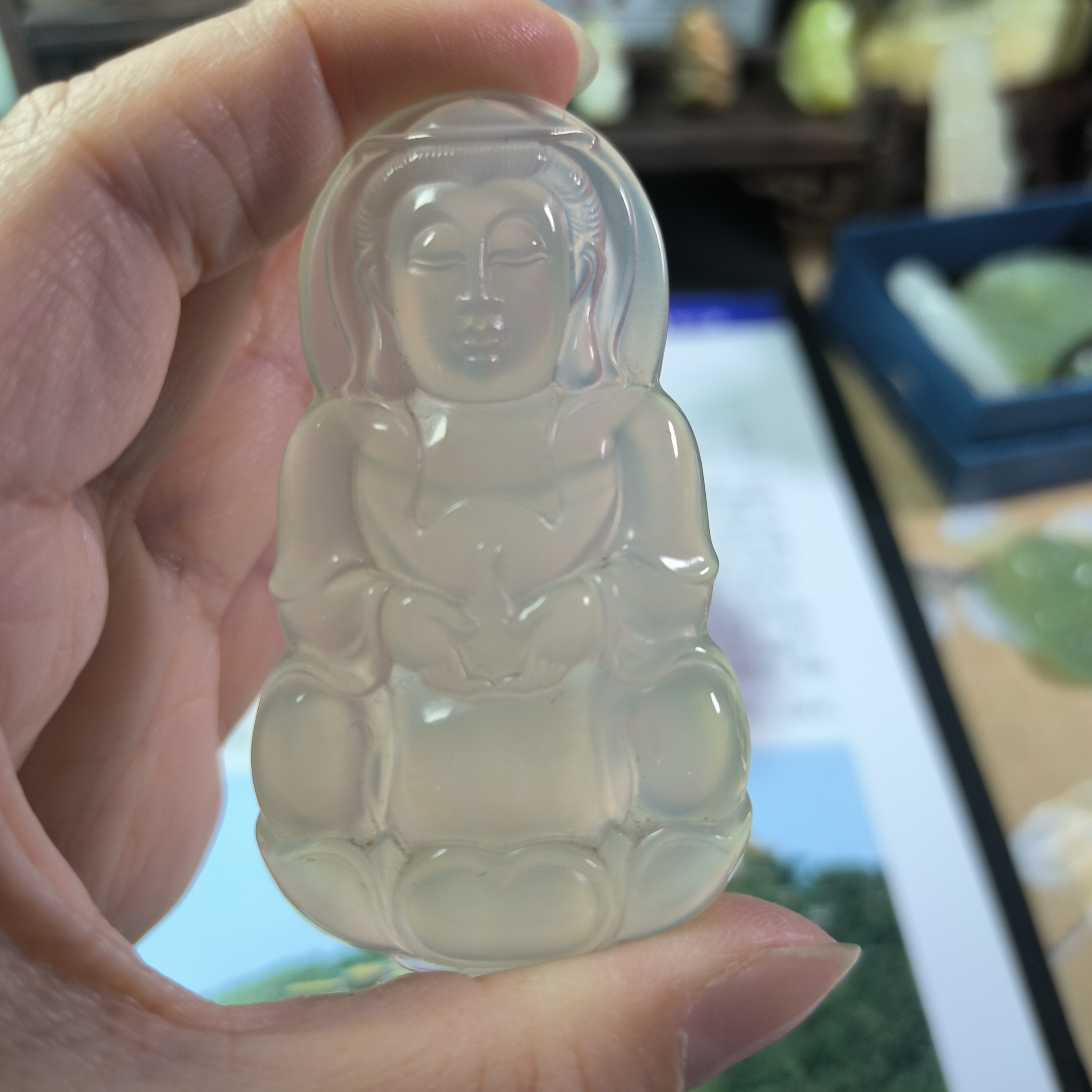 天然岫玉精品高冰手工雕刻正装观音菩萨圆光观音吊坠