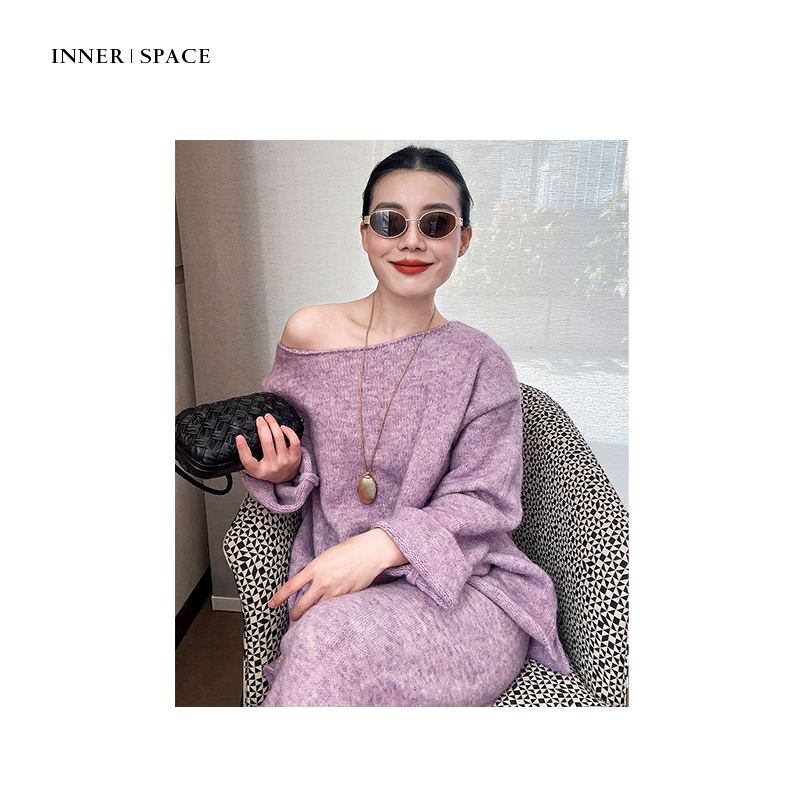 INNER｜SPACE 紫罗兰设计师套头宽松中长款慵懒风时尚毛衫