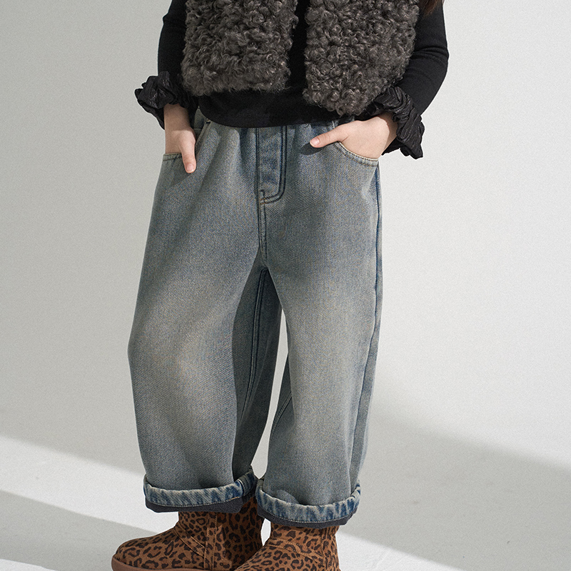 史豌豆女童复古色加绒牛仔裤 K1982