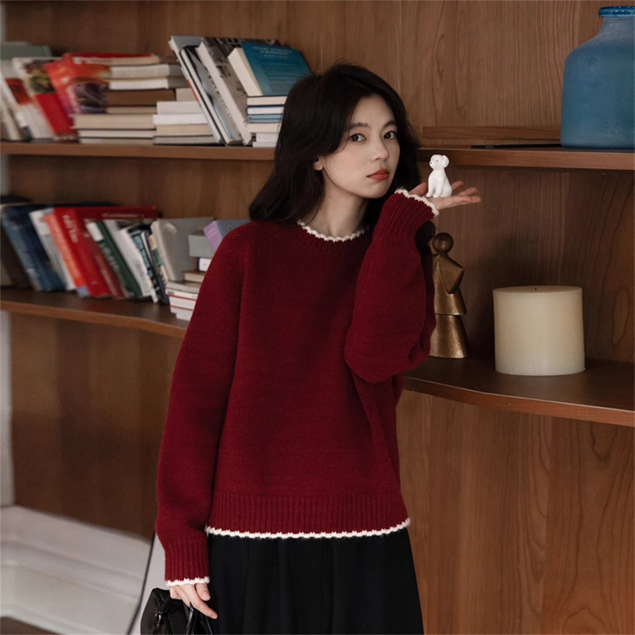 大码胖MM撞色圆领新年红色毛衣女秋冬韩系宽松显瘦遮肚针织打底衫