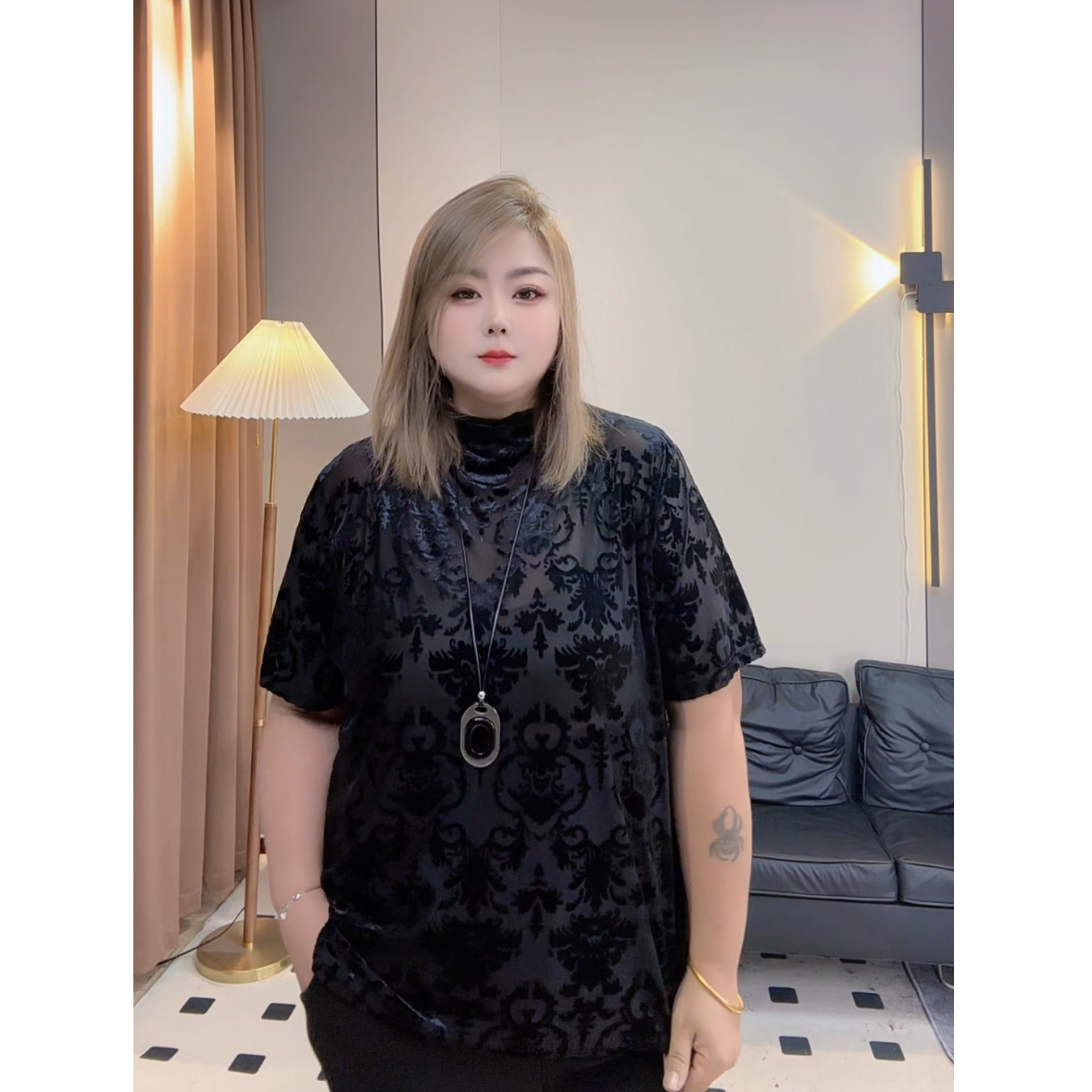 大码半高领打底短袖胖mm气质丝绒女2025爆款洋气气质性感上衣内搭