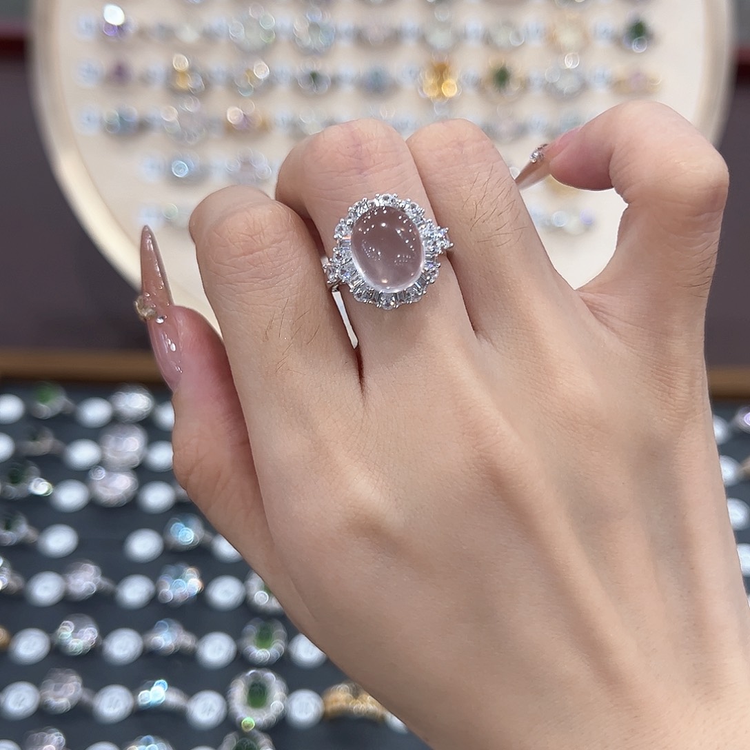 蛇纹石玉银S925镶嵌戒指白*