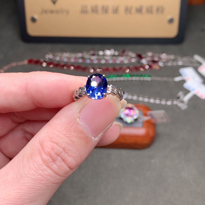 戒指蓝宝石银S925镶嵌矢车菊