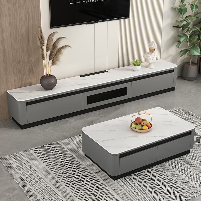 黑色系电视柜茶几落地柜小户型抽拉意式风轻奢客厅隐藏机顶盒地柜