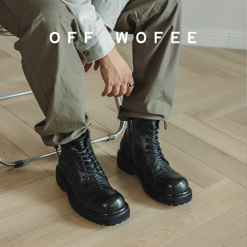 OFFWOFEE水洗缩纹马皮复古马丁靴黑色做旧增高厚底刺绣男女短靴
