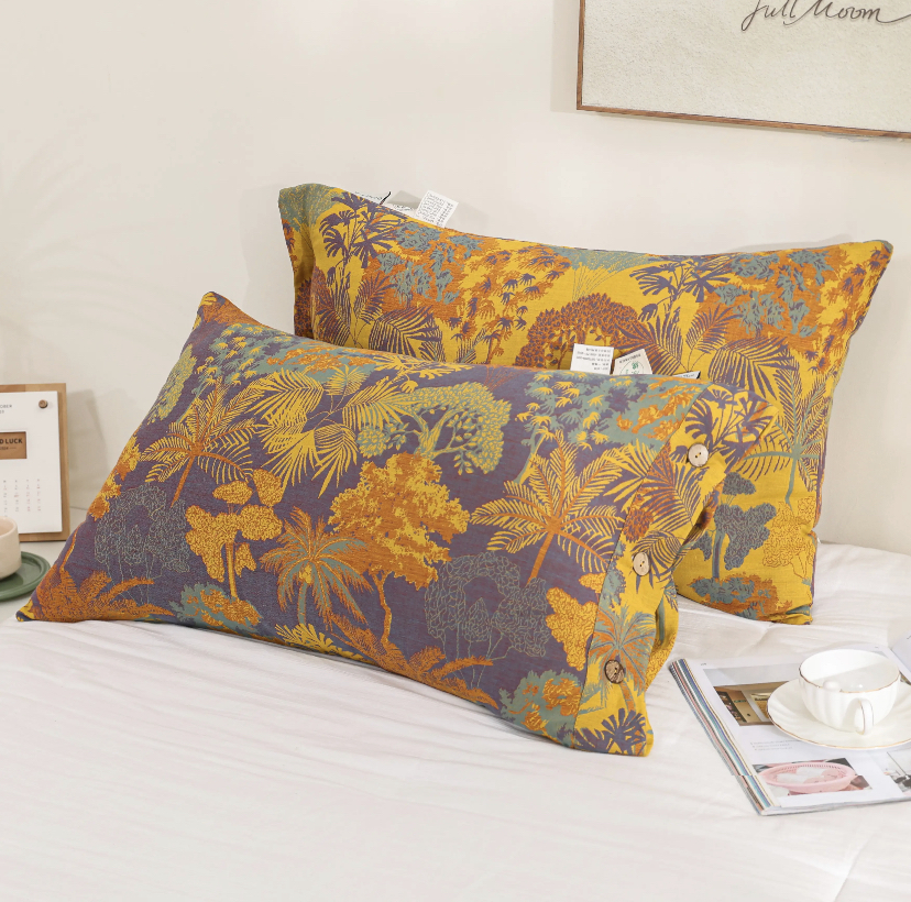 【枕套一对】丛林 48*74高端A来纯棉双层纱舒适柔软亲肤水洗纽扣