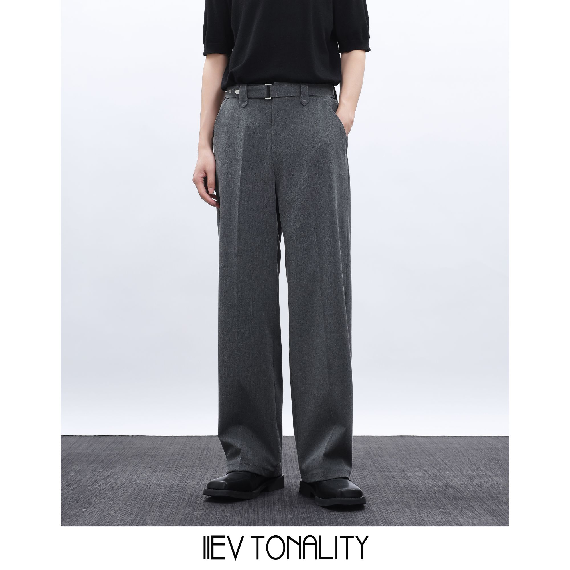 11EV 那不勒斯高级感宽松直筒西装裤极简腰带纯色长裤垂感阔腿裤