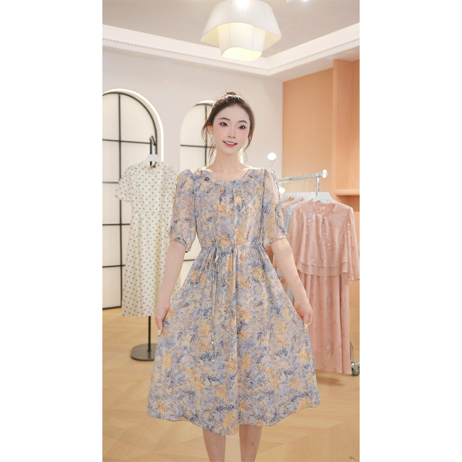 L8572 气质时尚印花2025年春夏新款中长款连衣裙显瘦时尚