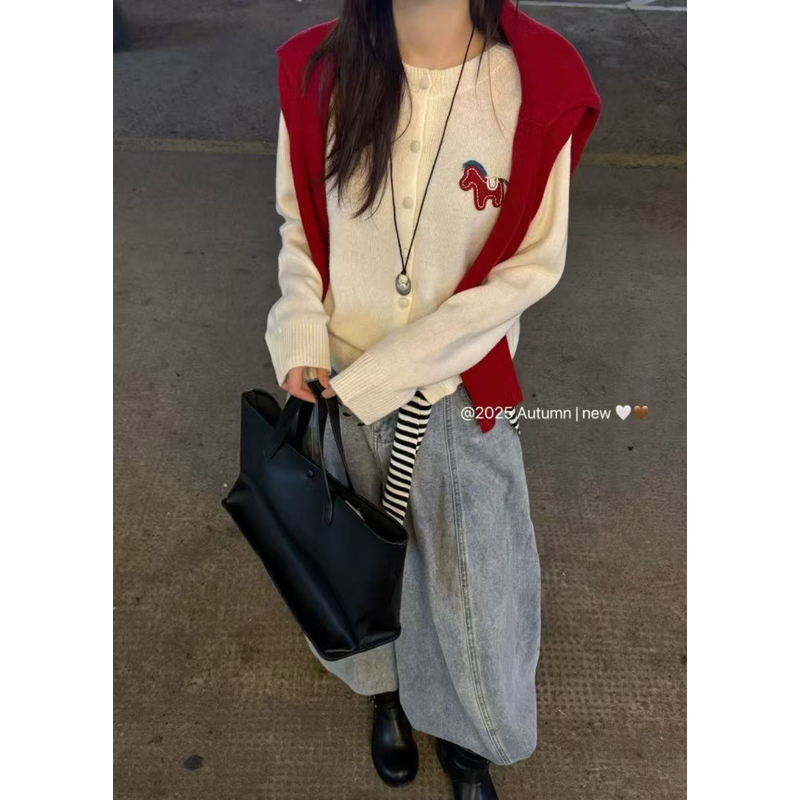 9699-3402 小马宽松毛衣服拼色开衫毛针织衫
