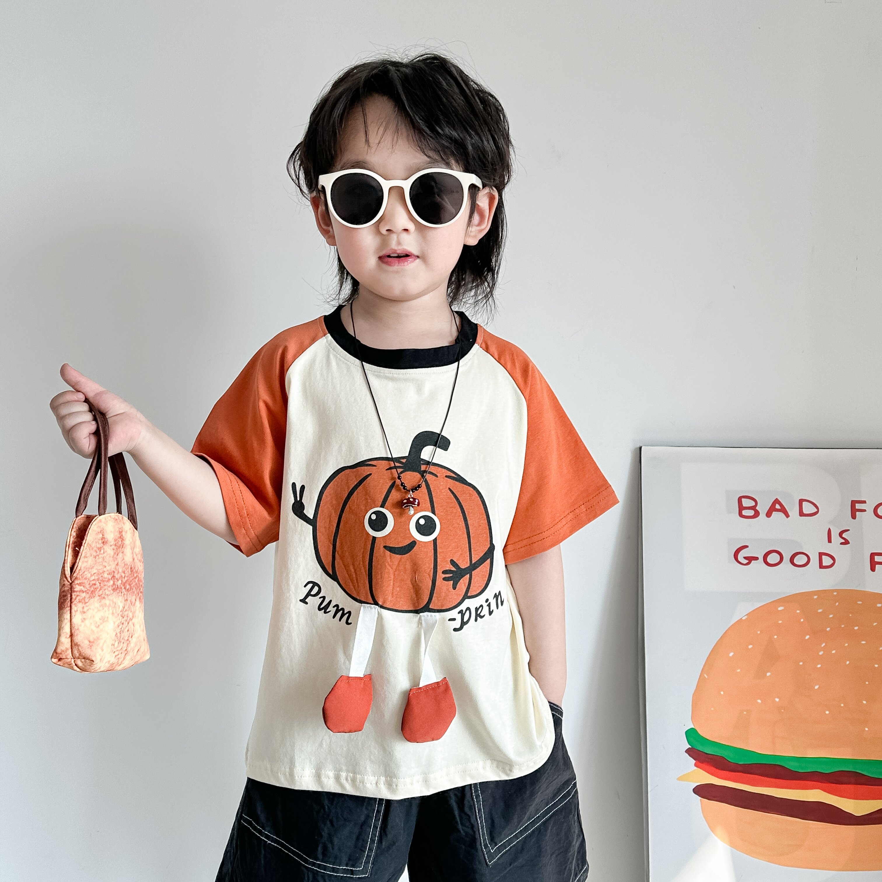 南瓜夏装男女儿童装字母韩版百搭韩版潮款可爱T恤短袖休闲印花