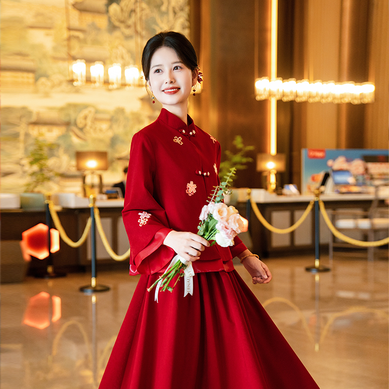 锦堂红新中式红色旗袍女2025新款新娘结婚订婚敬酒服套装小个子