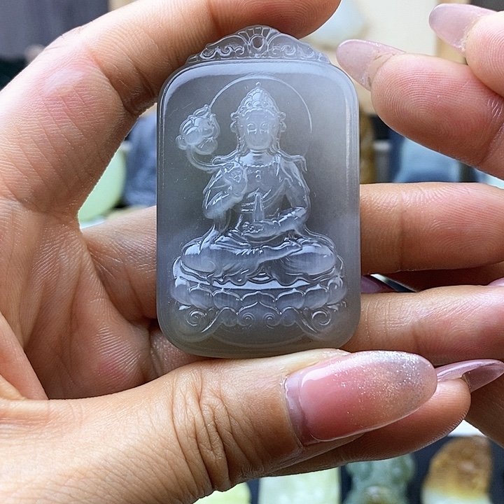 和田玉未镶嵌颈饰青海料烟紫色观音精美吊坠