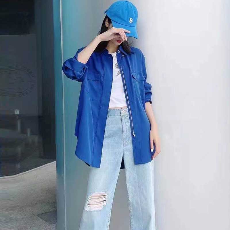 【商场同款】女装时尚百搭POLO领长袖口袋拉链工装衬衫外套5300757