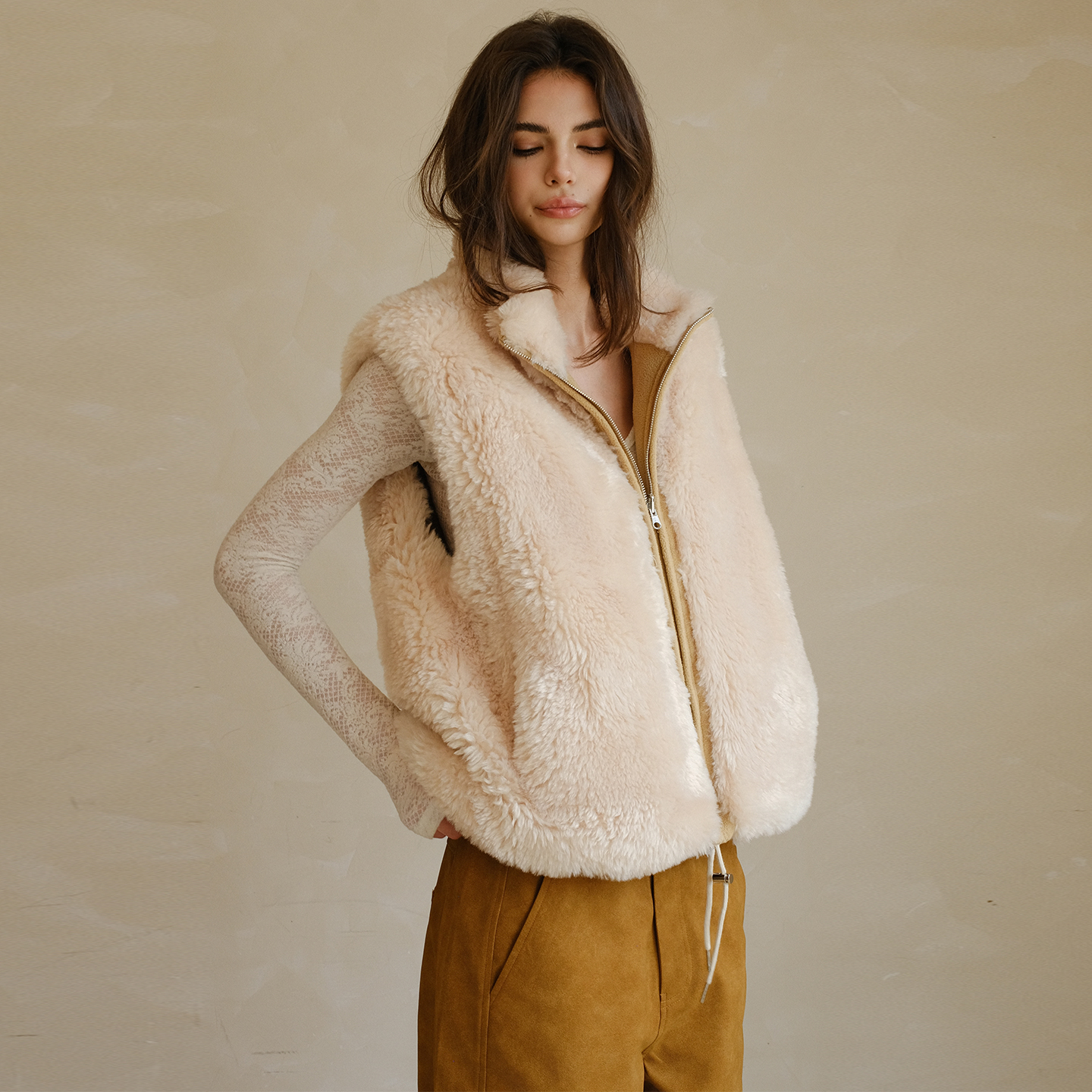 FRESH UP重工奢感双面穿环保皮草仿澳洲羊毛无袖马甲皮