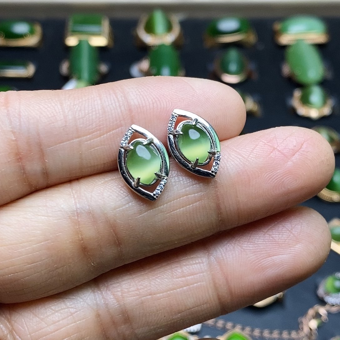 和田玉（碧玉）耳饰银S925镶嵌