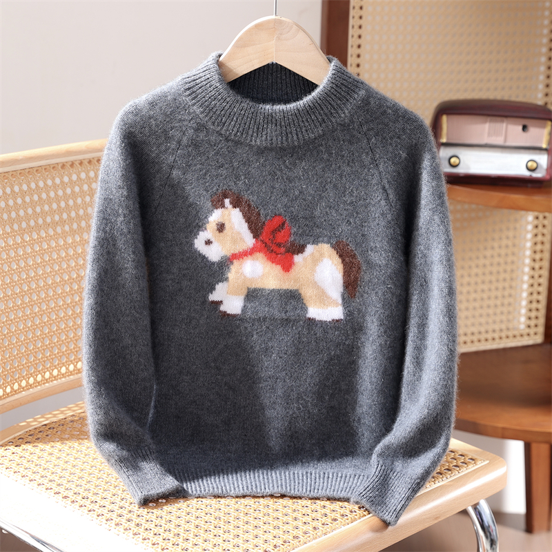 100%羊毛衫中国风加厚羊毛儿童针织衫宽松拜年服新年小马毛衣提花