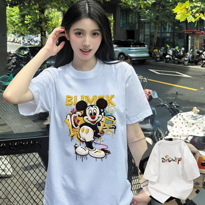 短袖印花透气抗起球米奇ins风T恤韩版ins休闲白色纯棉百搭情侣款