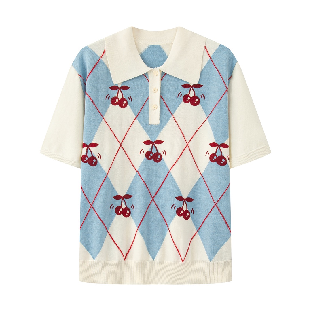 【0635】设计师款樱桃植绒印花菱格宽松显瘦polo针织短袖上衣女