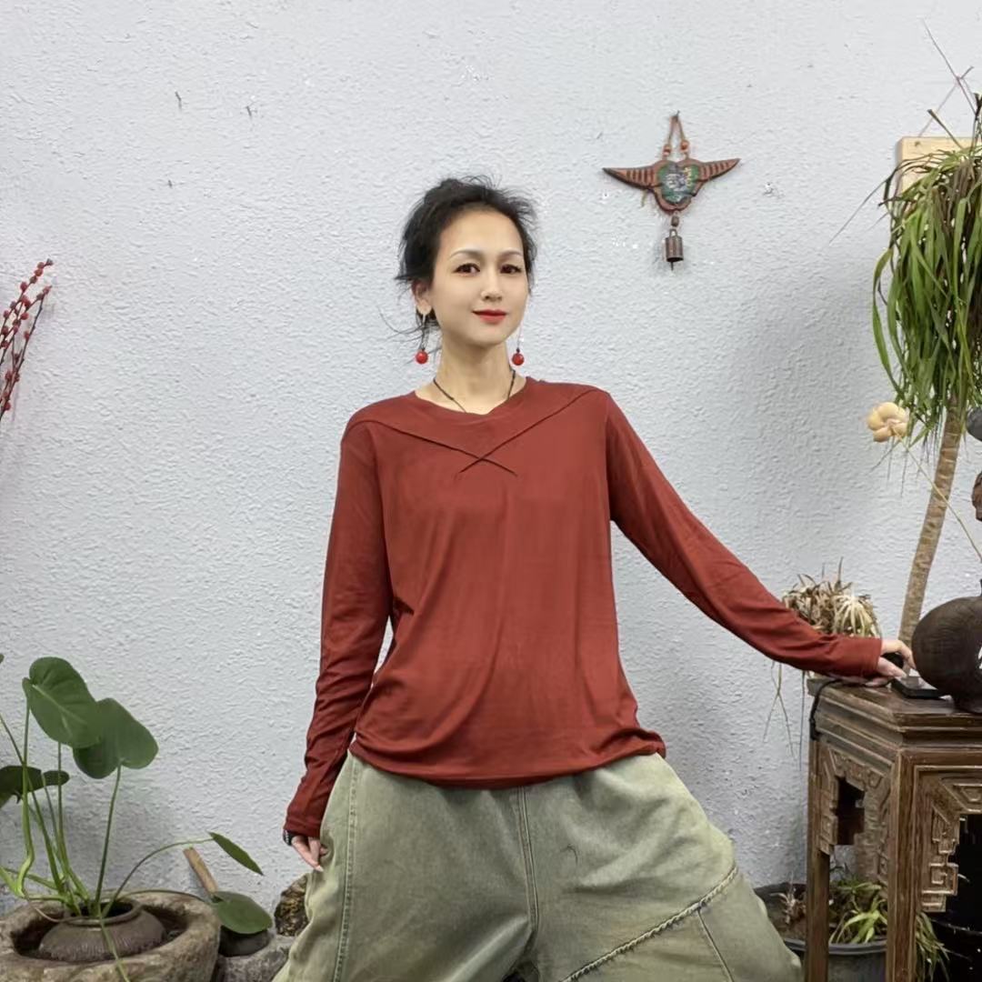 203胸前交叉走线圆领细纹棉长袖上衣（长64胸围120-160