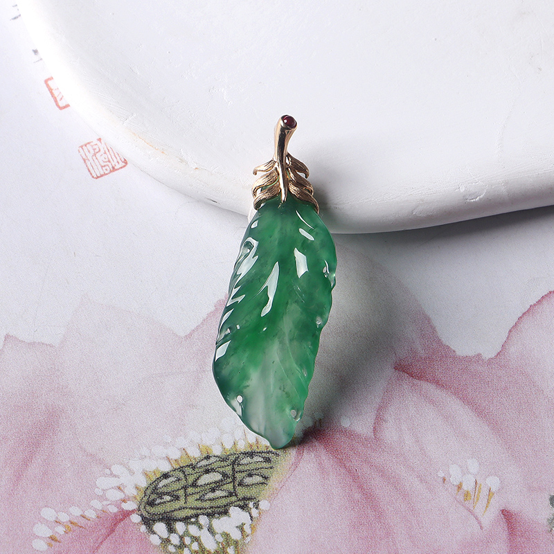 名玉艺术【翠羽金枝】天然缅甸翡翠 18k金镶嵌 冰种 翡翠吊坠