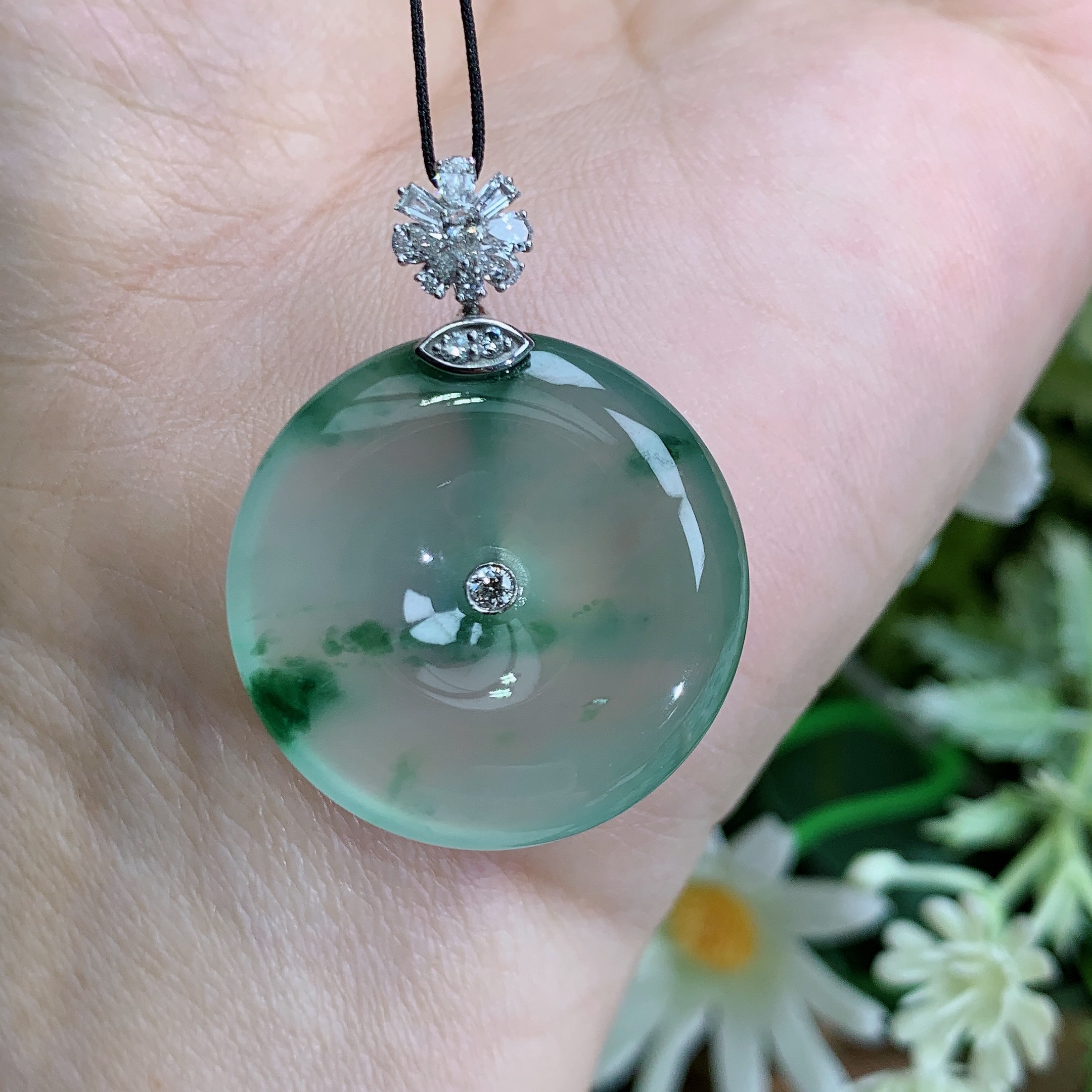 缅甸天然翡翠A货18k高冰起光飘花平安扣吊坠财尺寸33/25/5.8mm