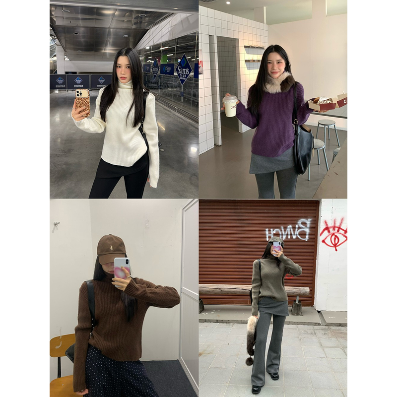 ONEXH·2025冬季高克重厚款高领长袖坑条毛衣女保暖韩系上衣
