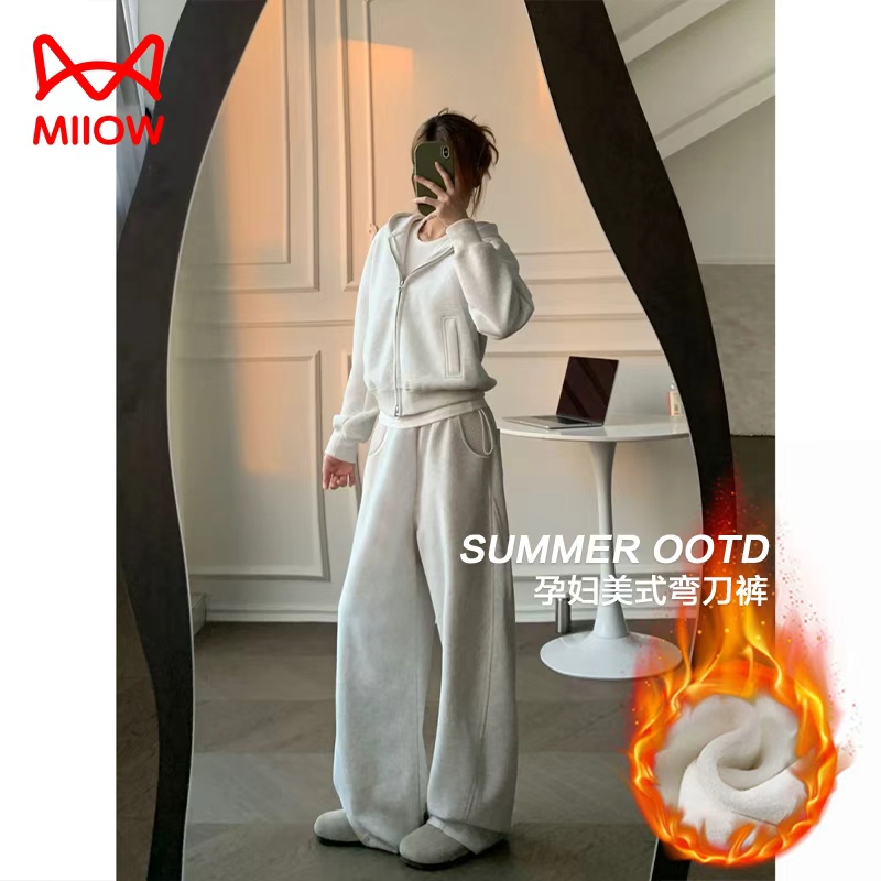 MiiOW/猫人孕妇美式简约弯刀卫裤2025秋冬加厚加绒运动宽松阔腿裤