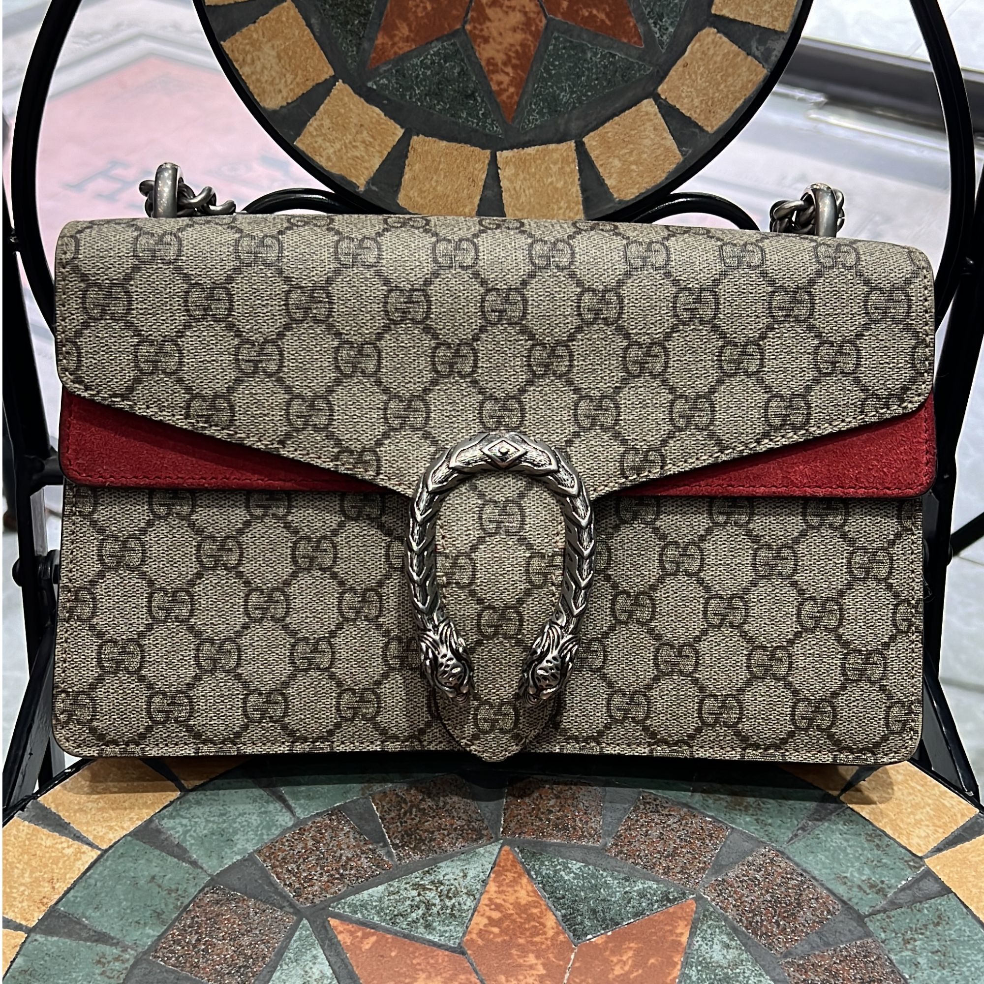 99新 GUCCI/古驰 98新 酒神 中号 老花拼麂皮红色斜挎包27.5*16.5