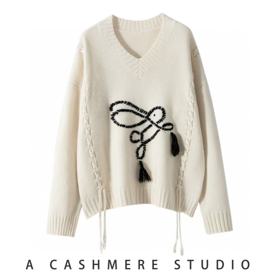 100%山羊绒7针双股加厚V领手工小兔子套衫