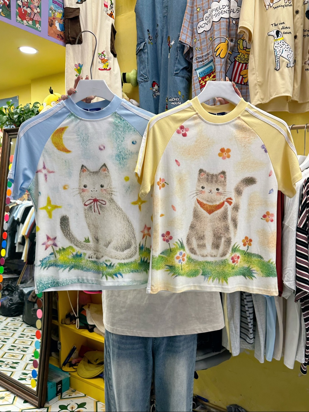 卡麦酱-INS 插肩田园猫咪短袖 3168