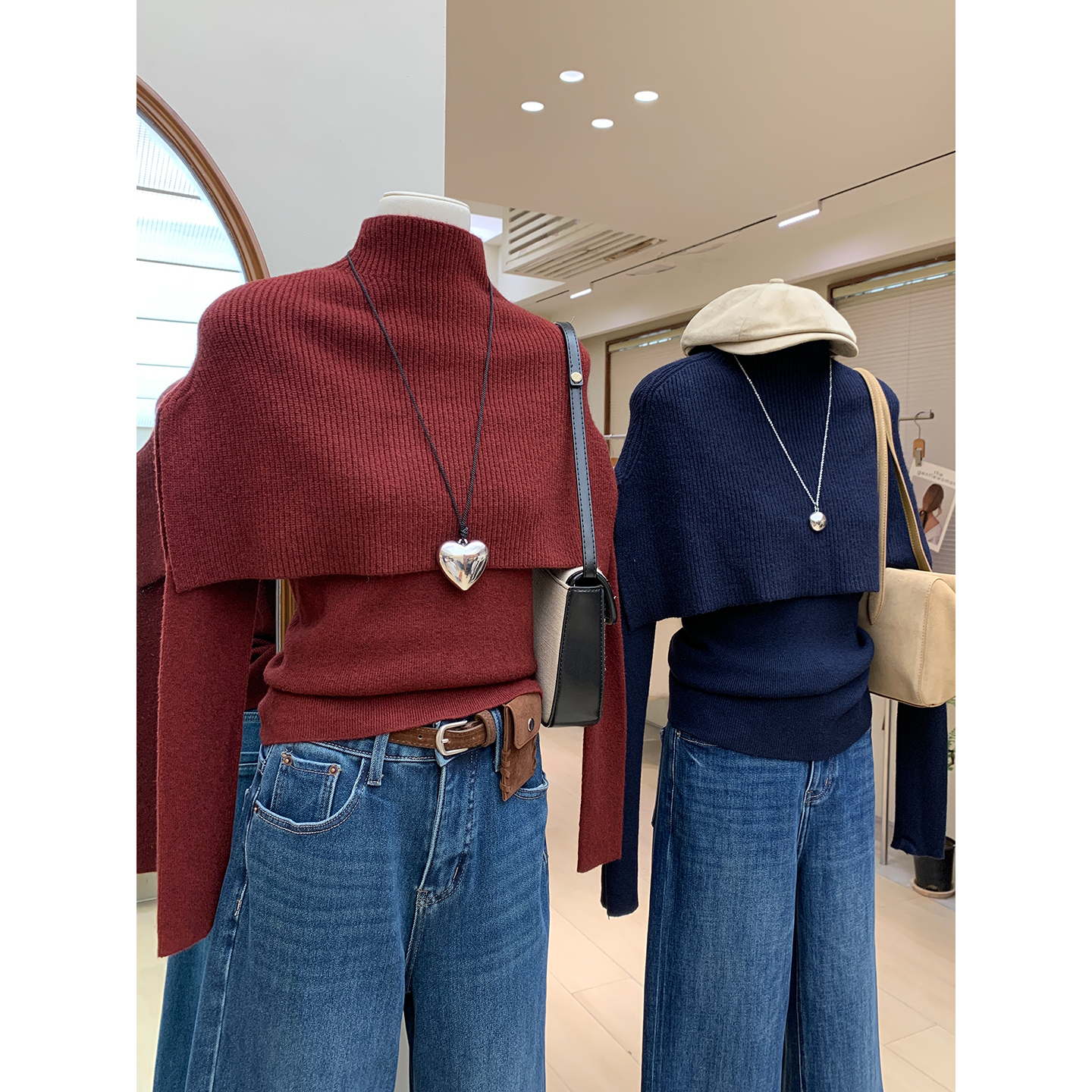 温柔气质女神斗篷披肩修身毛衣厚实无缝一体高领长袖针织衫两件套