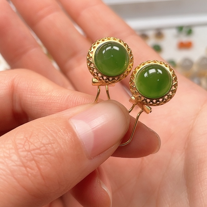 和田玉耳饰银S925镶嵌