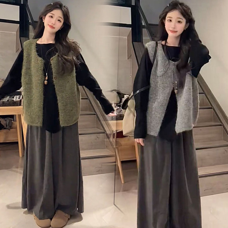 秋冬季女装新款洋气时尚不规则针织衫毛衣马甲裤裙气质穿搭三件套