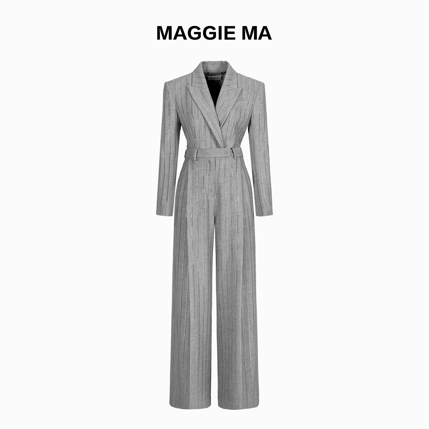 MAGGIE MA马婧设计师款灰色轻奢亮钻条纹西装领收腰连体衣462P