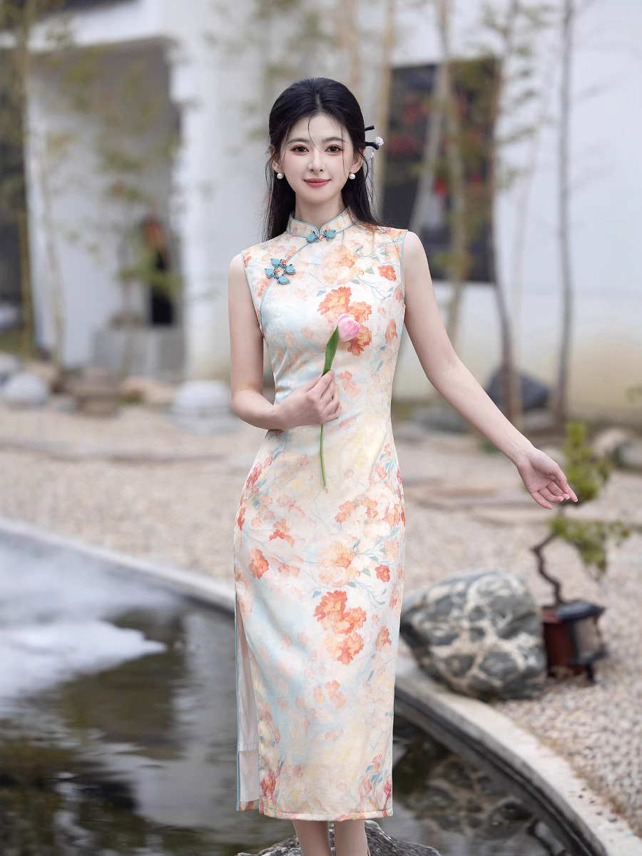 风华《海棠粉》新中式无袖花色旗袍复古中长款夏新款修身日常年轻款