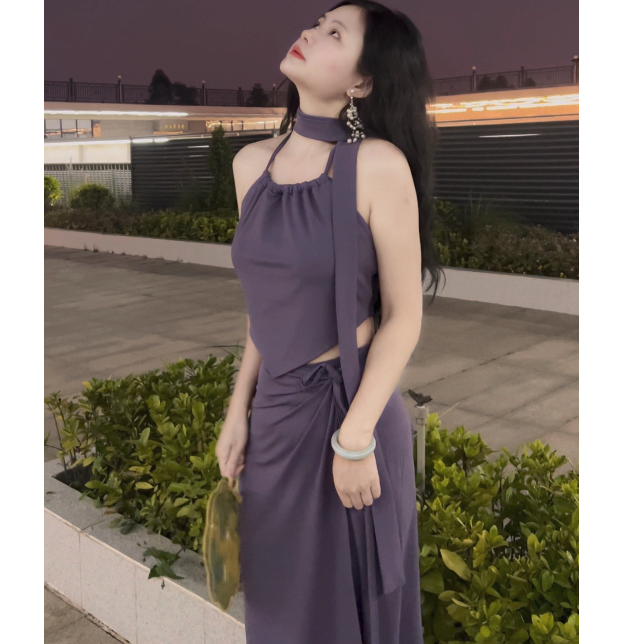 复古国风针织弹力带胸垫绑带肚兜挂脖背心上衣+一片式半身裙套装